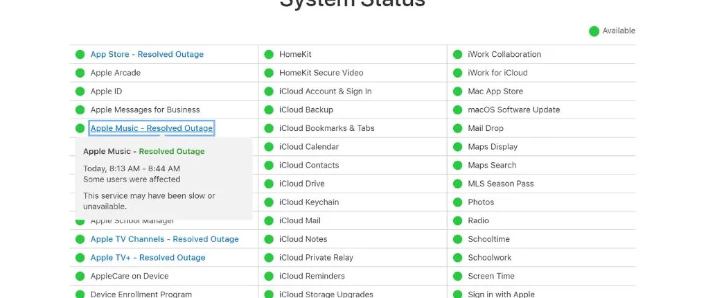 Apple System Status website.