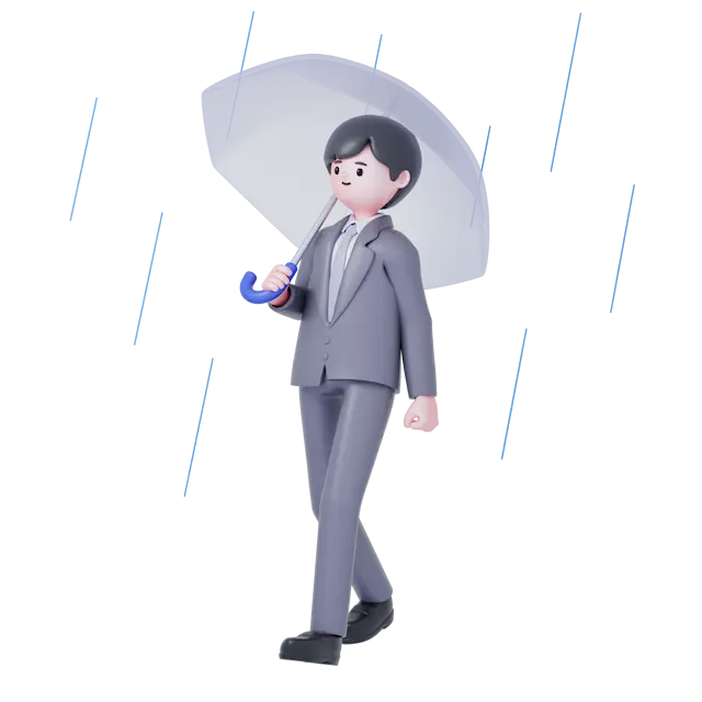 傘をさして歩くスーツの男性