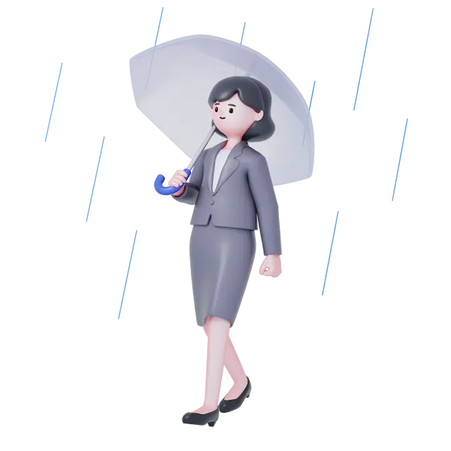傘をさして歩くスーツの女性