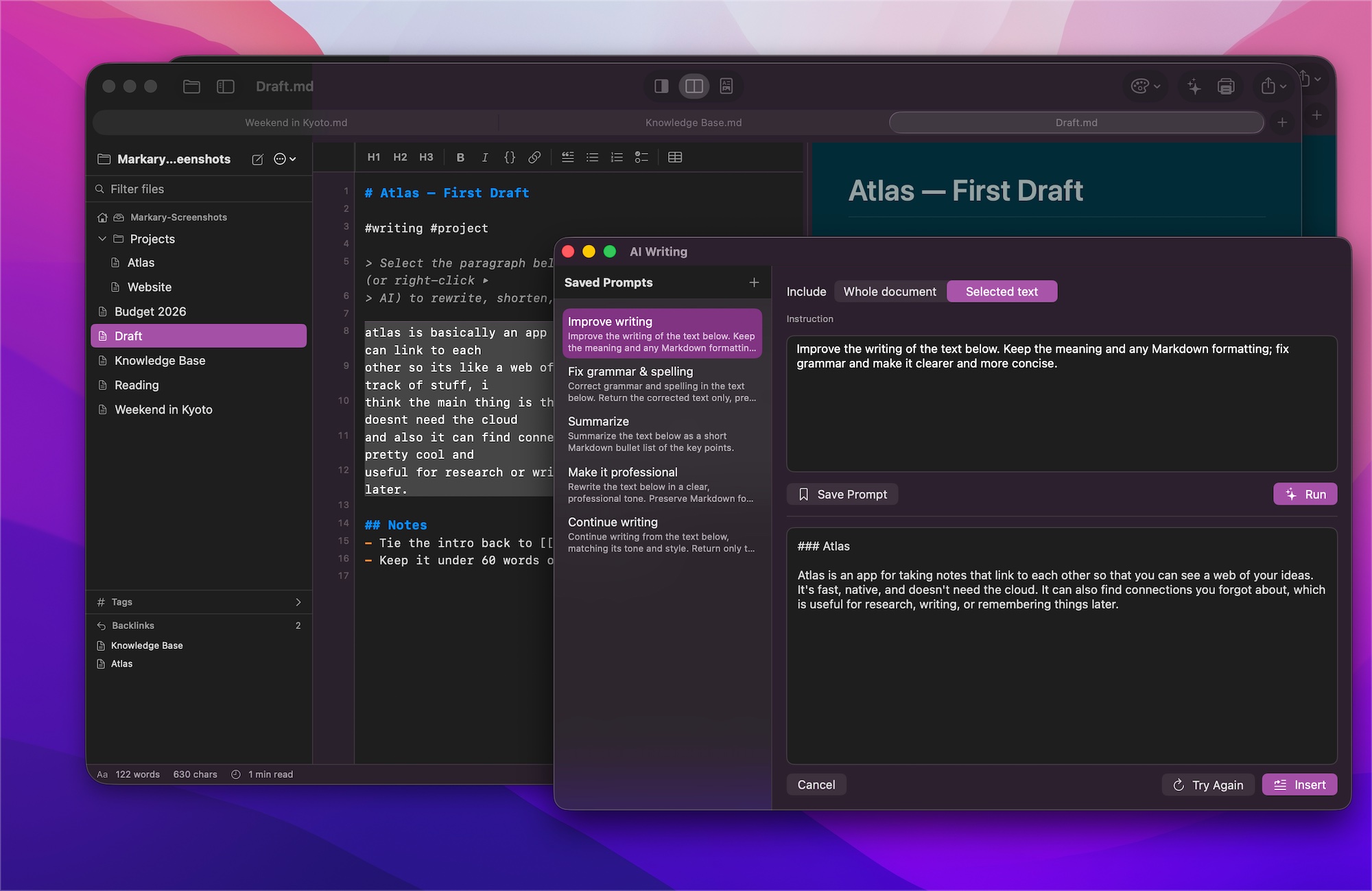 Markary's on-device AI rewriting a draft paragraph