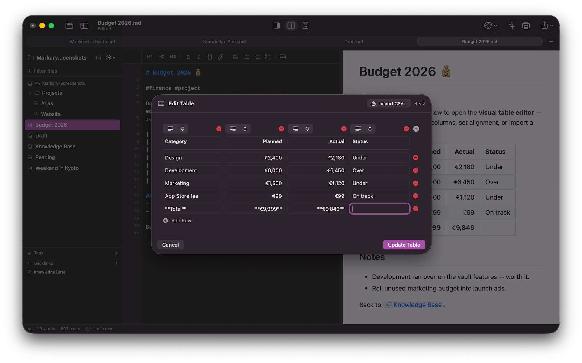 Markary's visual table editor showing a budget
