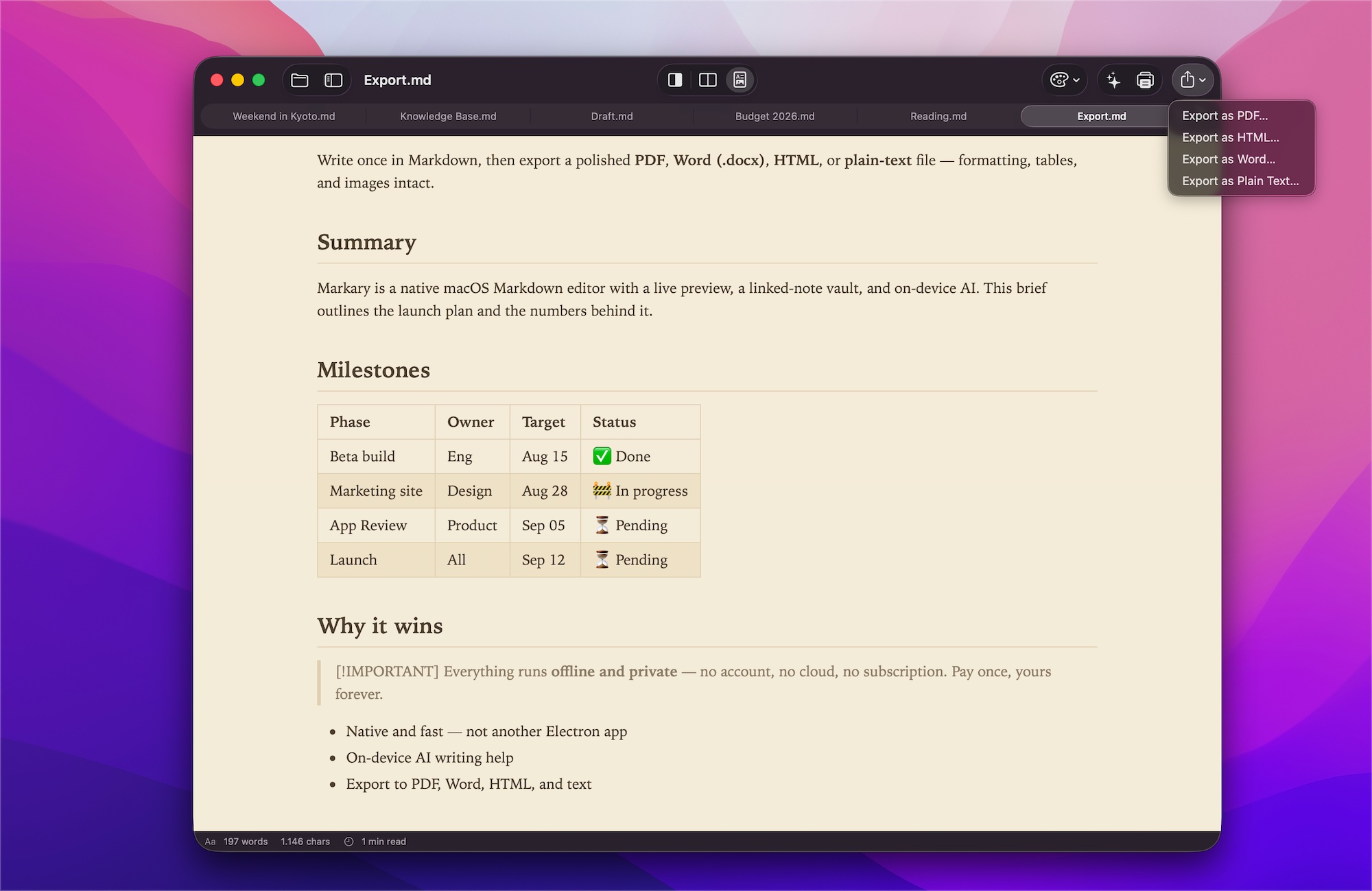 Markary exporting a note to PDF, Word, and HTML