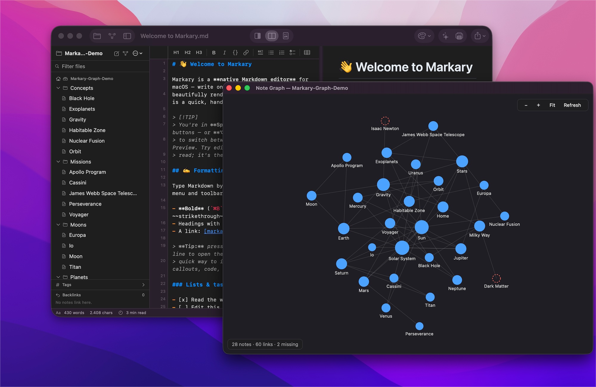 The Markary editor with Markdown source on the left and the live rendered preview on the right