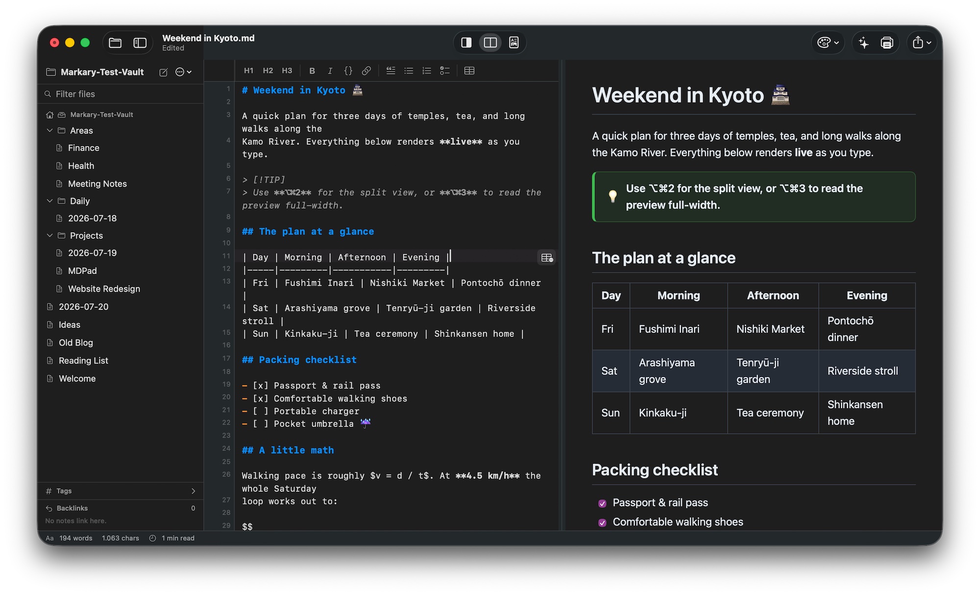 A richly formatted travel note rendered in Markary's preview