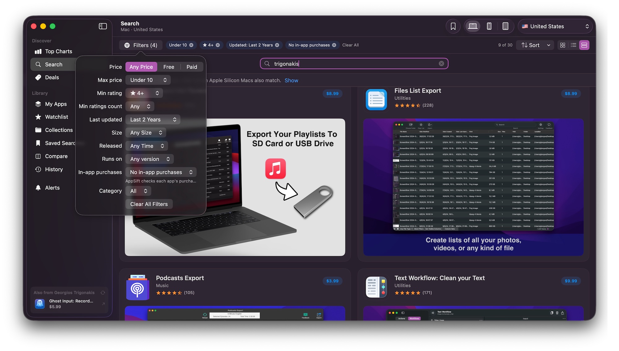 AppSift's filter popover open over search results, with price, maximum price, minimum rating, minimum ratings count, last updated, size, release date, macOS version and in-app purchase filters, and four active filter chips above the results.