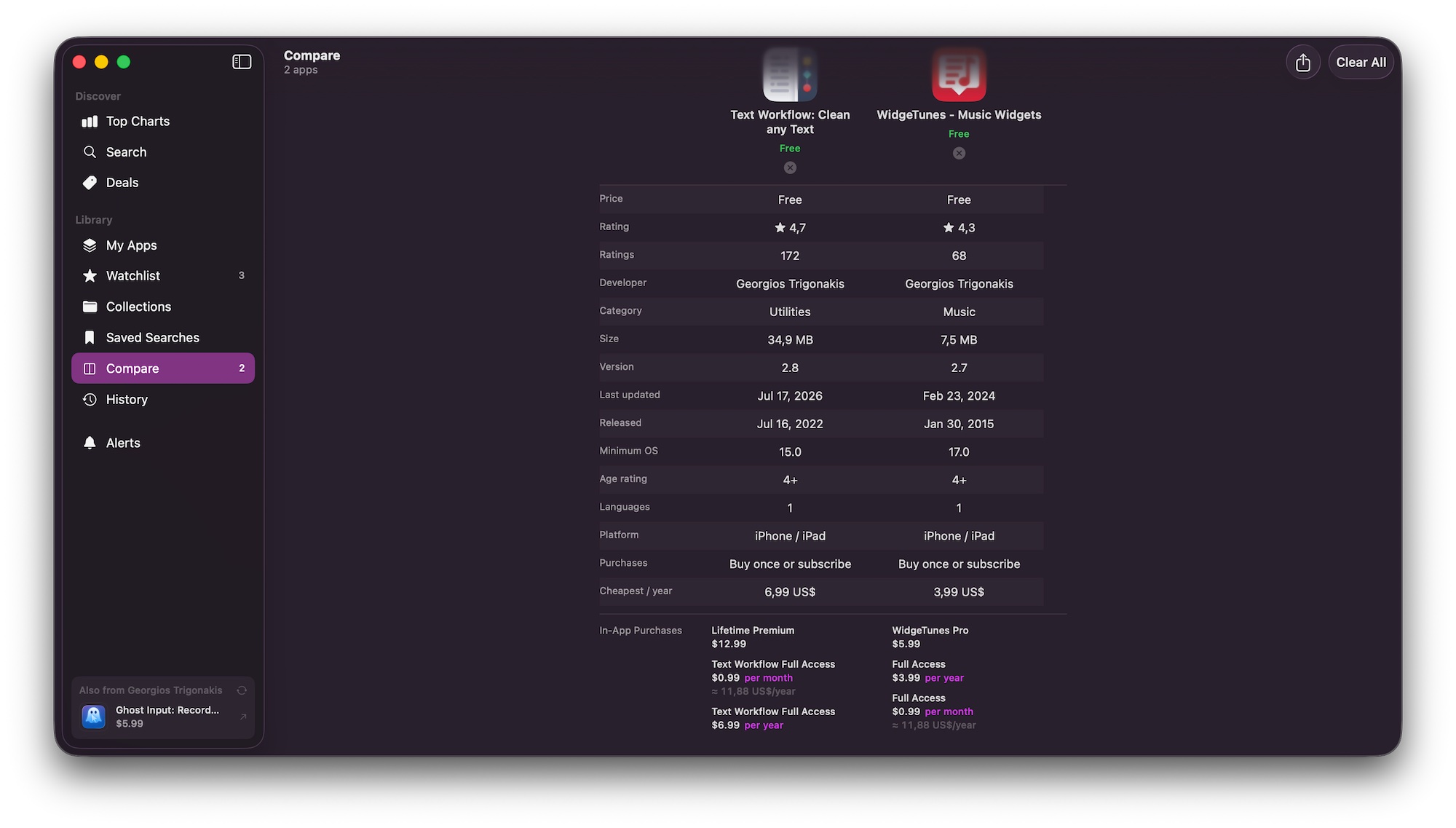 AppSift's compare view with two apps in columns, listing price, rating, ratings count, developer, category, size, version, last updated, released, minimum OS, age rating, languages, platform, purchase type, cheapest per year, and every in-app purchase.