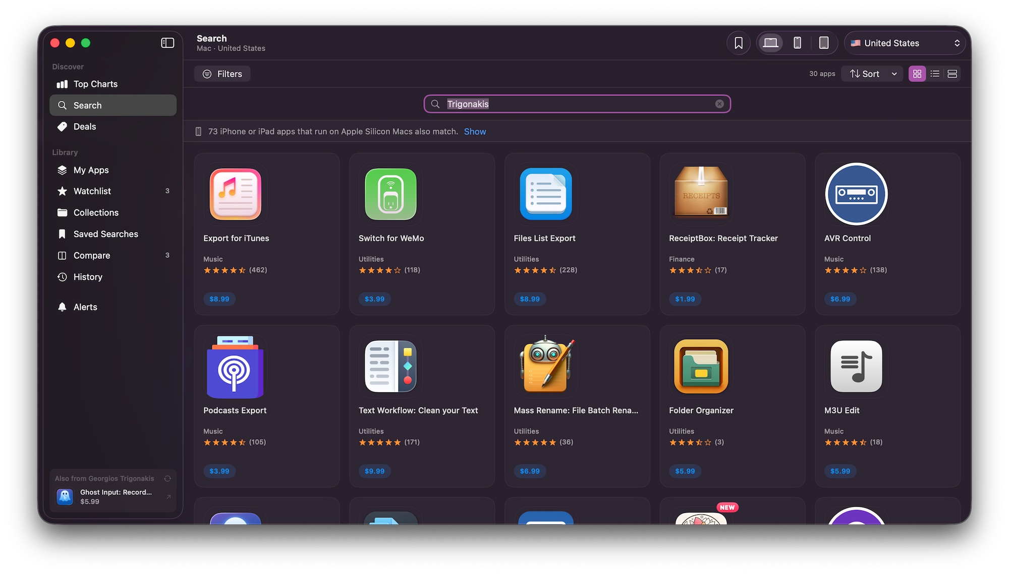 AppSift search results as a grid of app cards, each showing its icon, category, star rating, number of ratings and price, with a banner noting iPhone and iPad apps that also run on Apple silicon Macs.