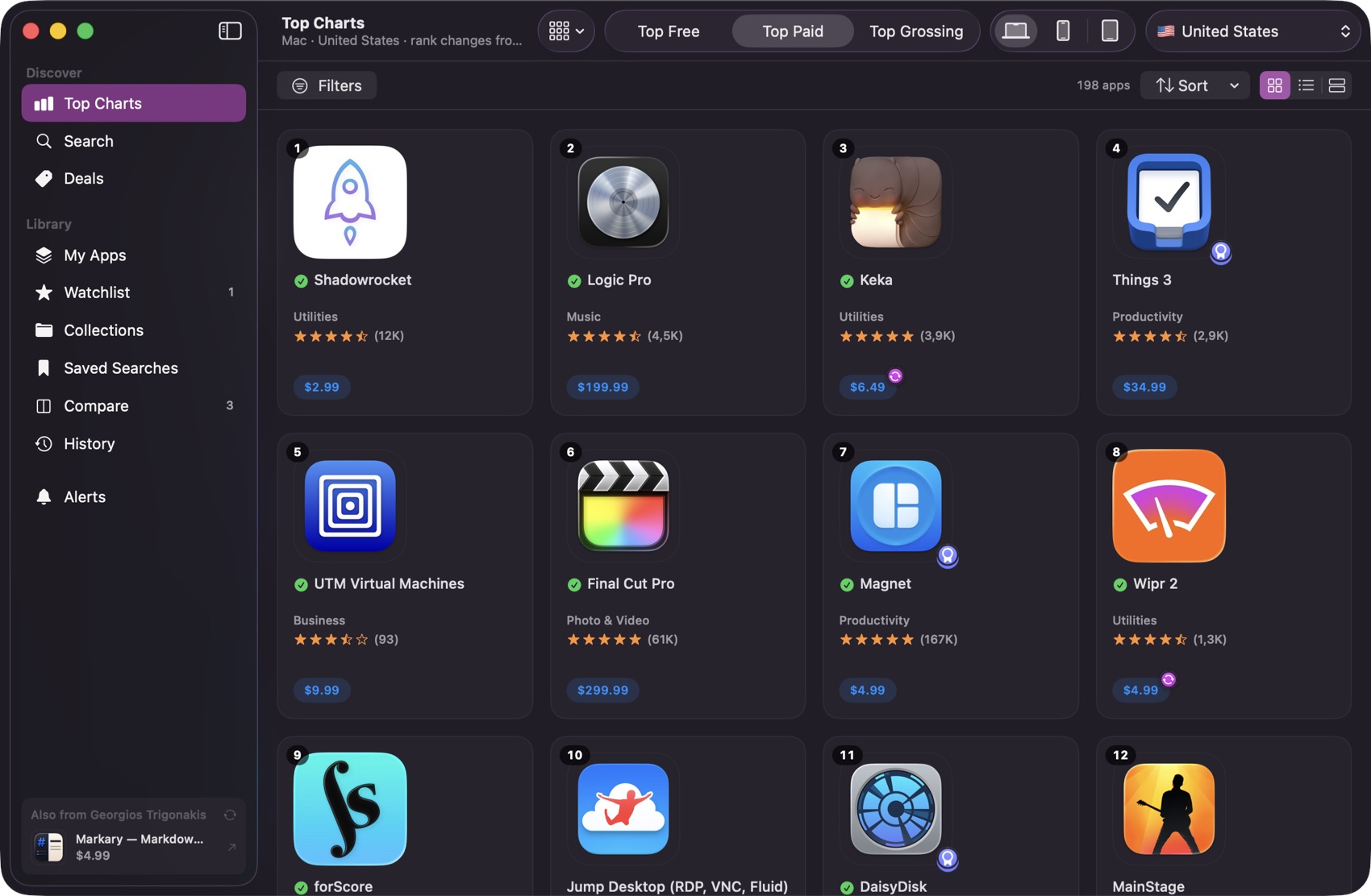 The Top Paid Mac chart, with a green check on apps already owned