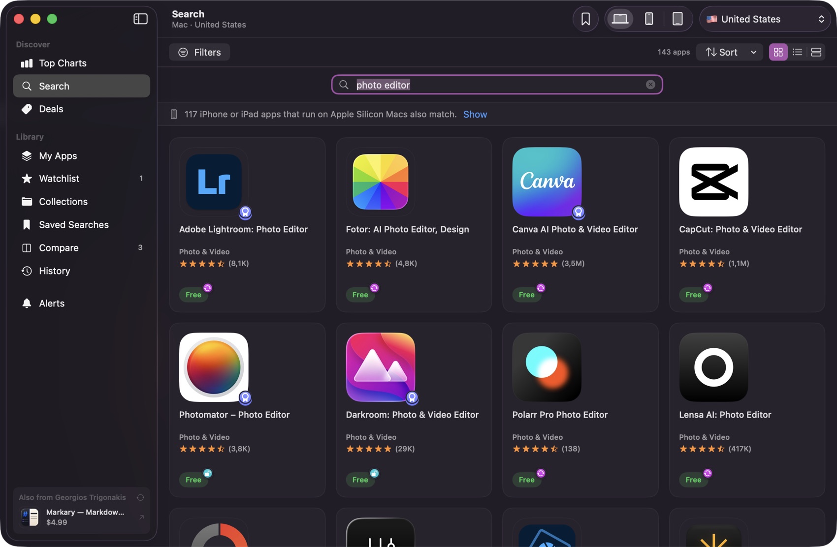 A search for photo editor returning 143 Mac apps