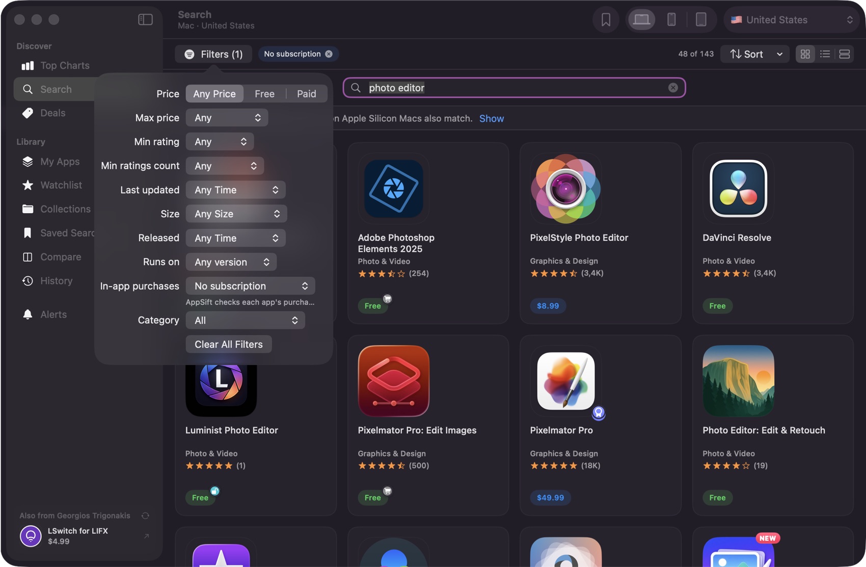 The filter panel with In-app purchases set to No subscription, cutting 143 results to 48