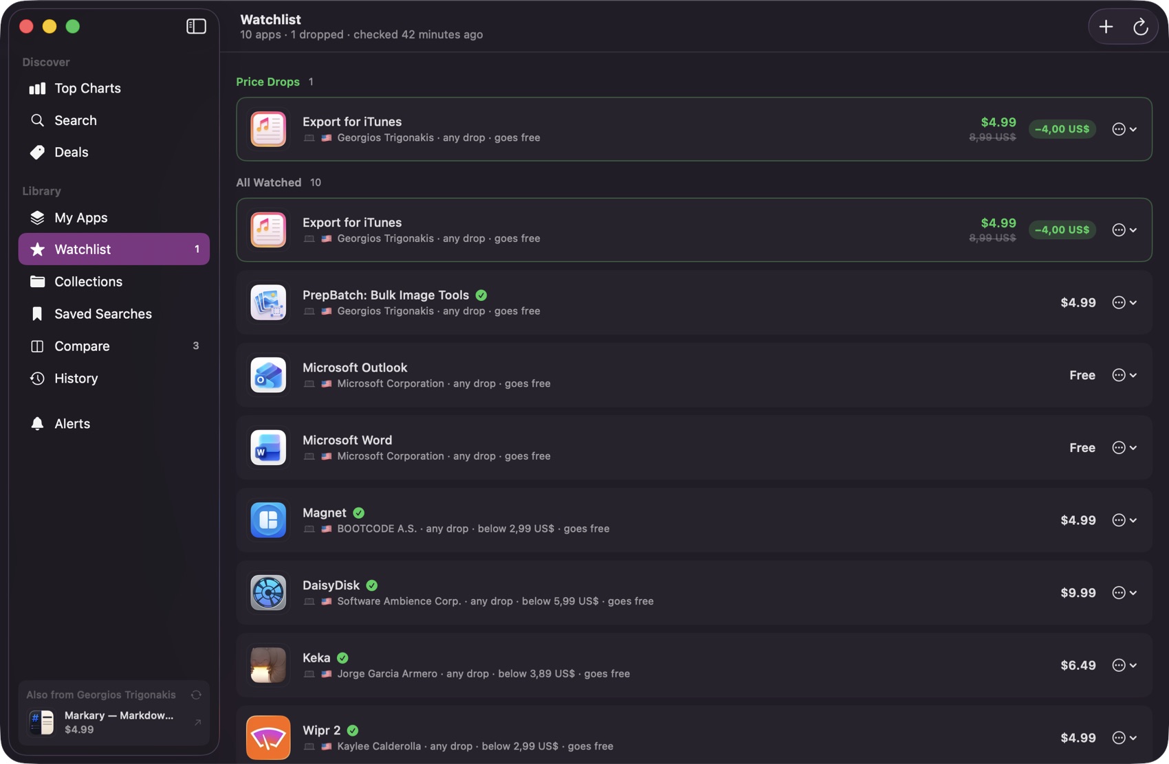 A watchlist of apps with their recent price drops