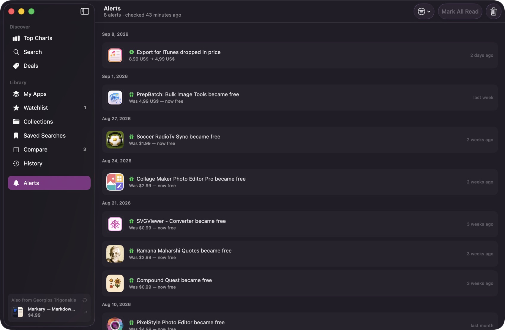 A list of alerts for price drops on followed apps