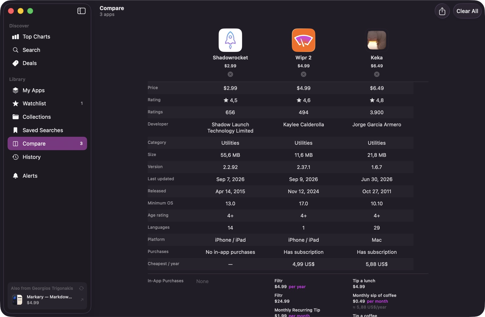Three apps compared across price, rating, size, version and in-app purchases