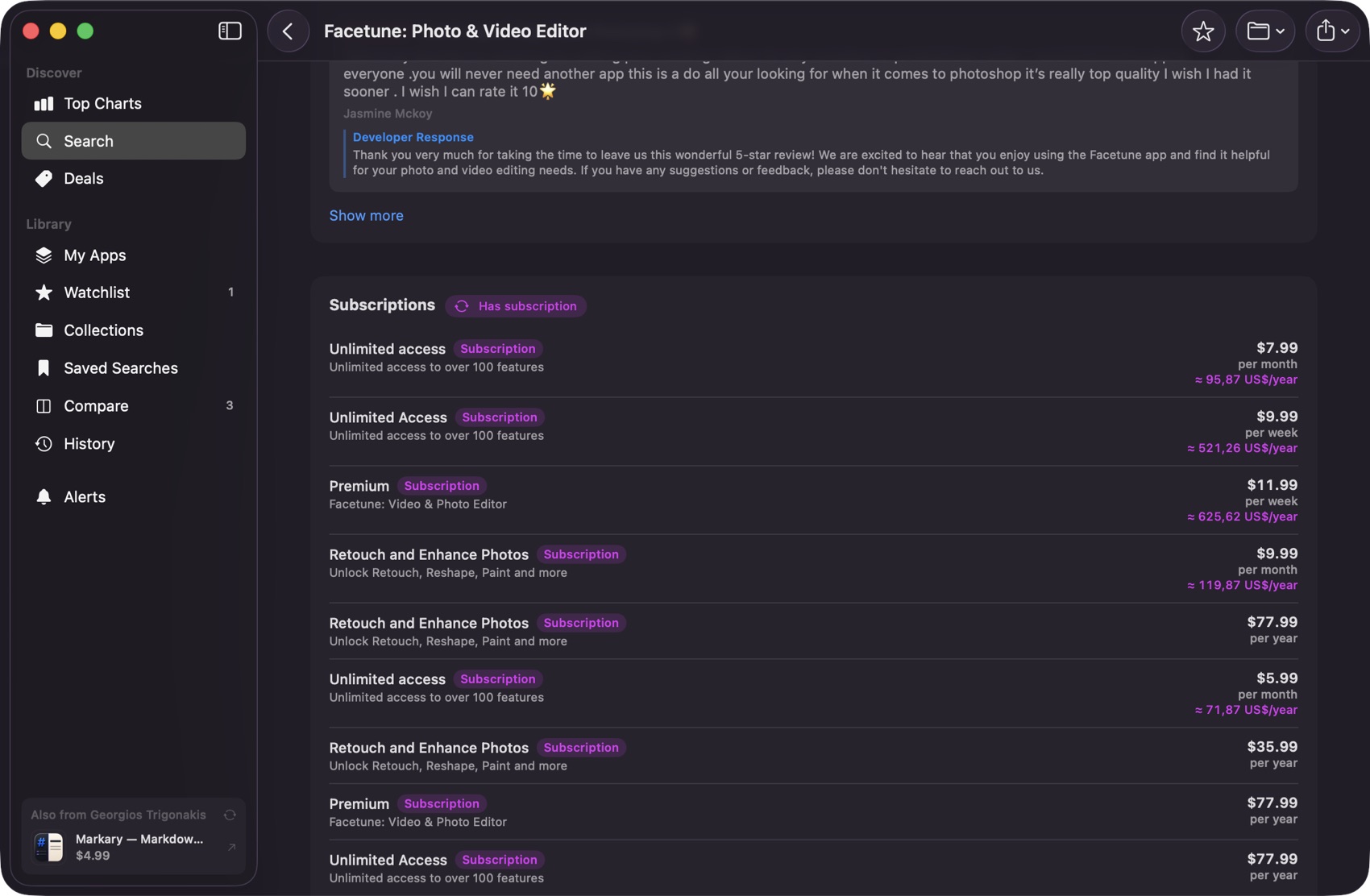 Facetune's subscription tiers, each shown as a cost per year