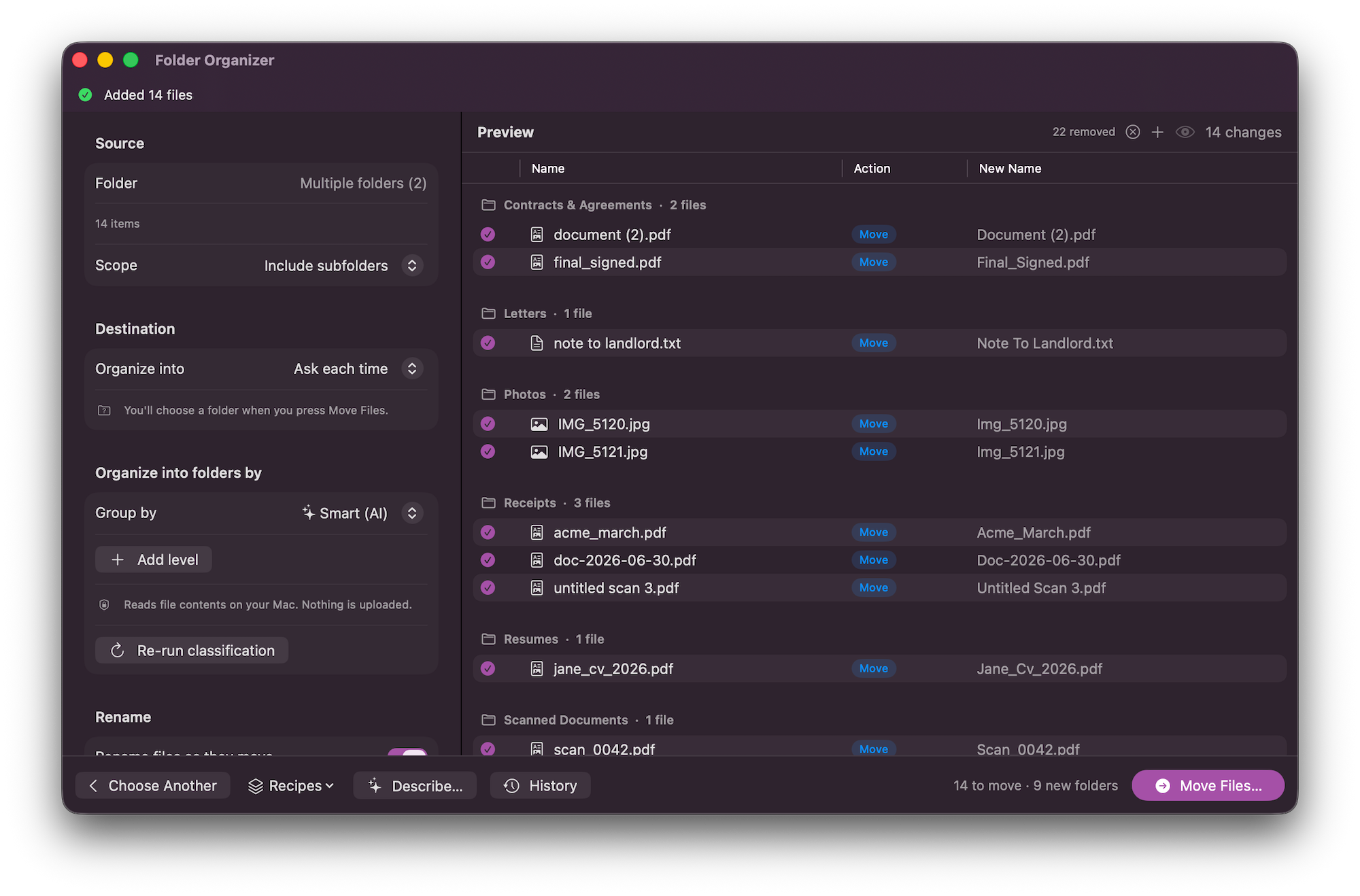 Files grouped into Invoices, Receipts, Contracts and Screenshots folders