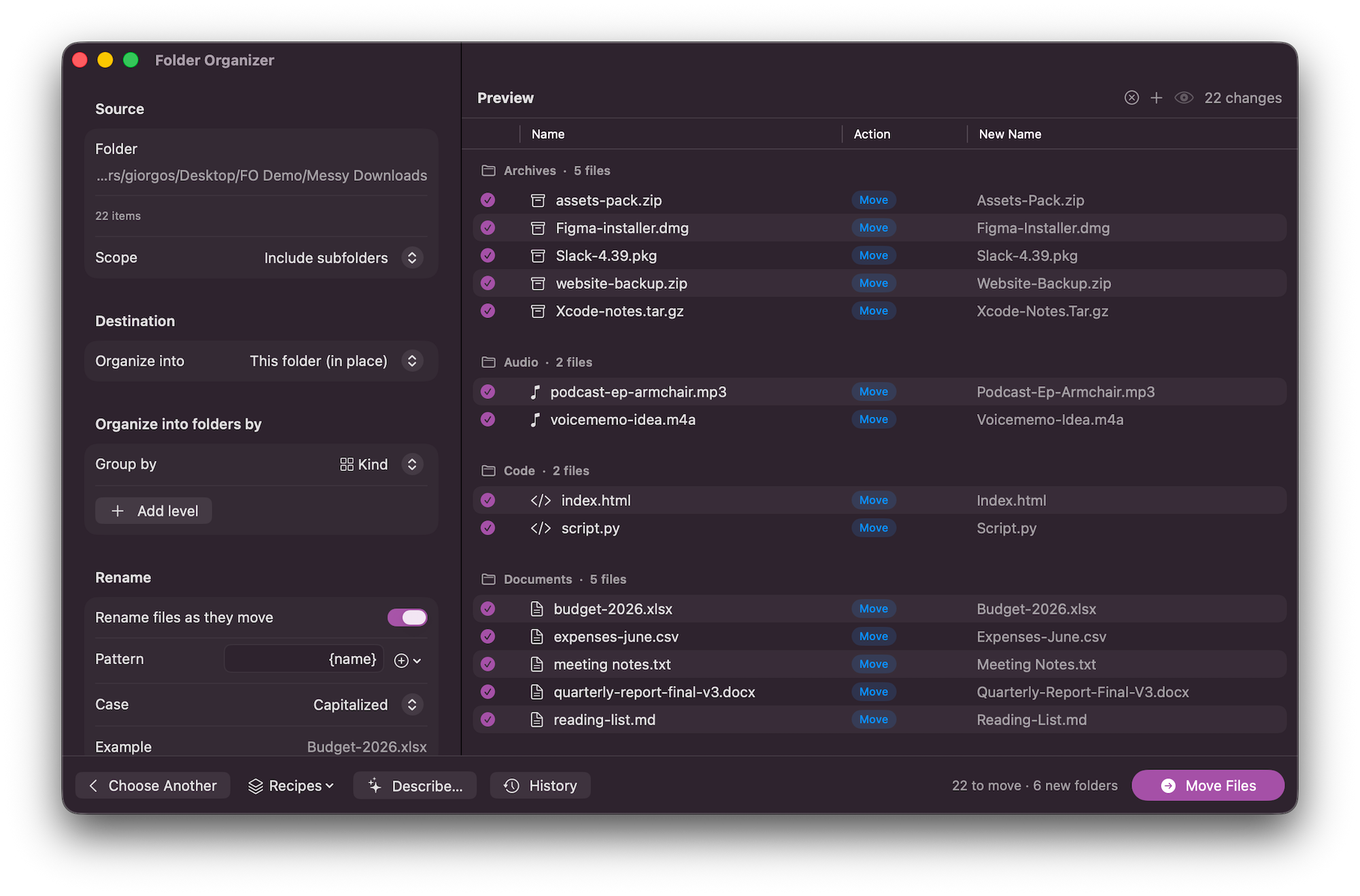 Folder Organizer showing a plan of files grouped into folders before anything moves
