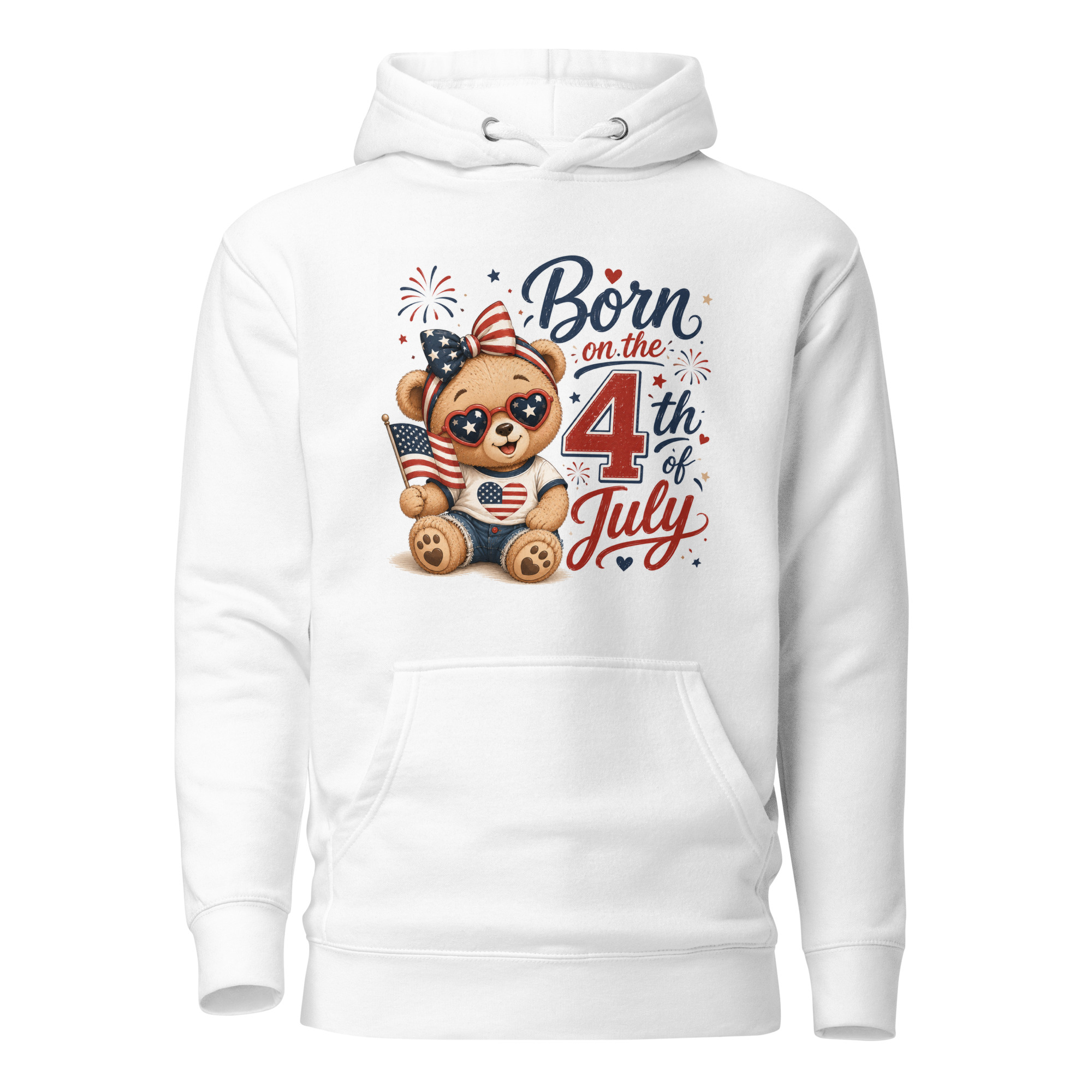 unisex-premium-pullover-hoodie-white-front-6a3f609ae9c4b.jpg Born on the 4th of July β Patriotic Teddy Bear Unisex Premium Pullover Hoodie