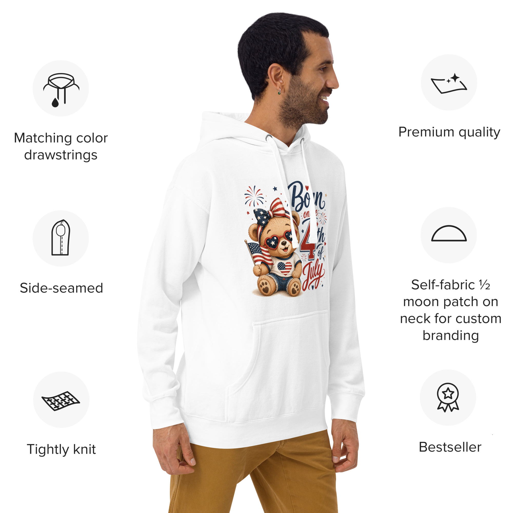 Born on the 4th of July – Patriotic Teddy Bear Unisex Premium Pullover Hoodie