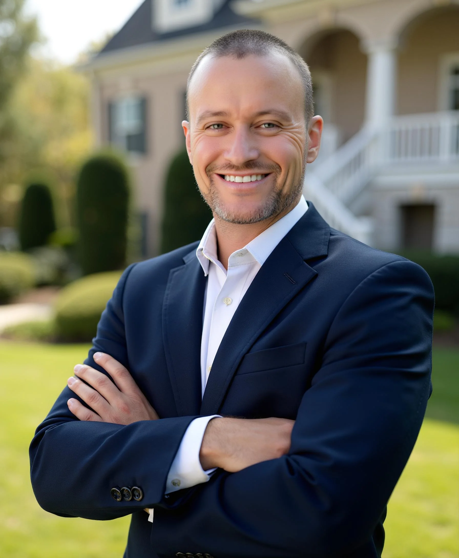 Timothy Alston in front of luxury home