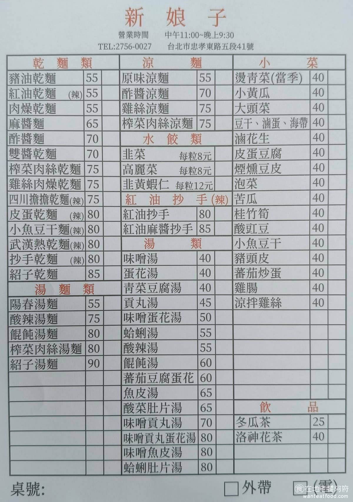 新娘子麵館（忠孝店） 新娘子麵館（忠孝店）菜單 新娘子麵館（忠孝店）推薦 信義區美食 信義美食 《新娘子麵館 忠孝店》菜單以乾麵為主力，另有湯麵、涼麵、水餃、抄手、湯品和小菜，主食價格大約在 55 元到 90 元之間，小菜一盤 40 元，水餃單顆也可以點，非常有彈性，整體價位普通，不算貴，不會因為這裡是忠孝東路五段，就拉高價位。 @在地老饕阿府