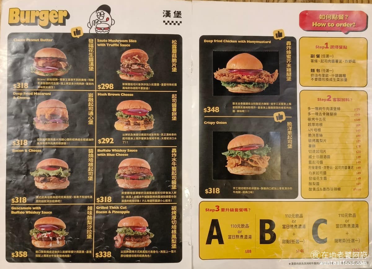 BravoBurger發福廚房民權店 BravoBurger發福廚房民權店菜單 《BravoBurger發福廚房民權店》菜單，漢堡是主打，有牛肉、雞肉、豬肉、魚排，以及蔬食漢堡，共十幾種口味，每款都可以選擇麵包種類，並且自由加料。( 完整菜單請見文章底部 ) @在地老饕阿府
