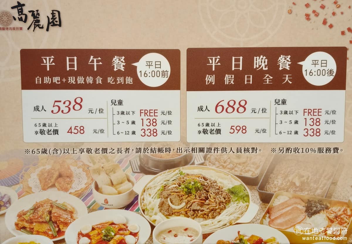 高麗園銅盤烤肉 Citylink南港市場 Citylink南港市場菜單 《高麗園銅盤烤肉 Citylink南港》菜單，消費方式分成平日跟假日兩種價位，平日午餐是538元，假日晚餐是688元，假日跟晚餐時段價格，會比平日午餐稍高一些，用餐時間有限制。另外會加收一成服務費，小朋友則有不同的優惠價格。 @在地老饕阿府