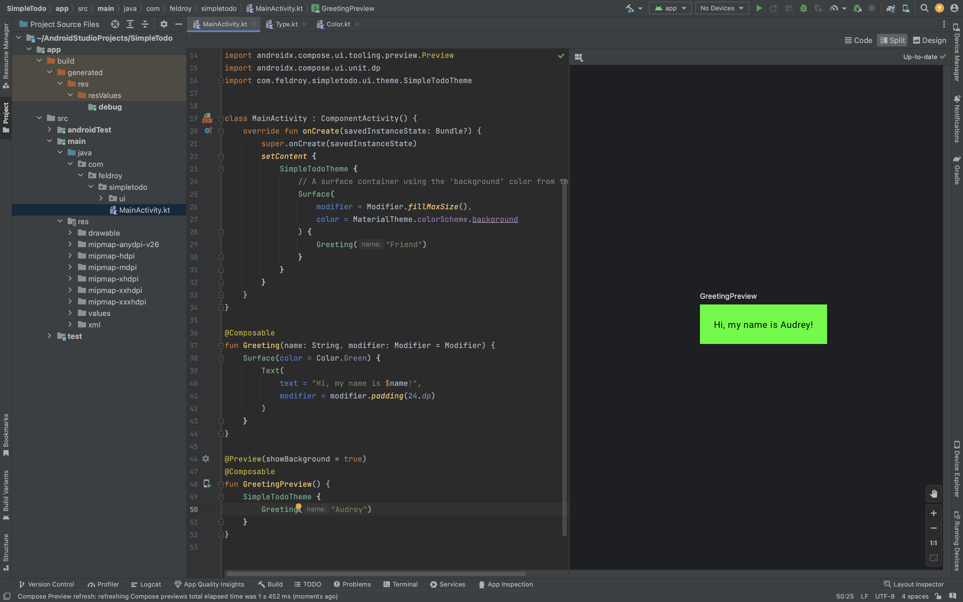 Screenshot of Android Studio showing composable preview