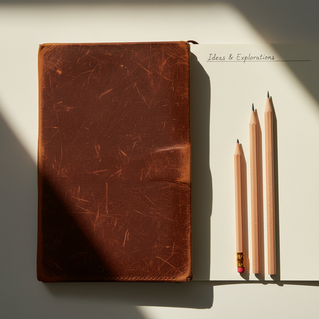 Overhead editorial photo of a weathered leather notebook open to a blank page with a single short handwritten line at the top, three pencils of different lengths arranged in parallel beside it suggesting iterative drafts. Warm directional window light from the left, soft shadows beneath the pencils. Palette: deep walnut, cream paper, graphite gray, one warm amber accent on the foremost pencil tip. Shallow depth of field, editorial composition.