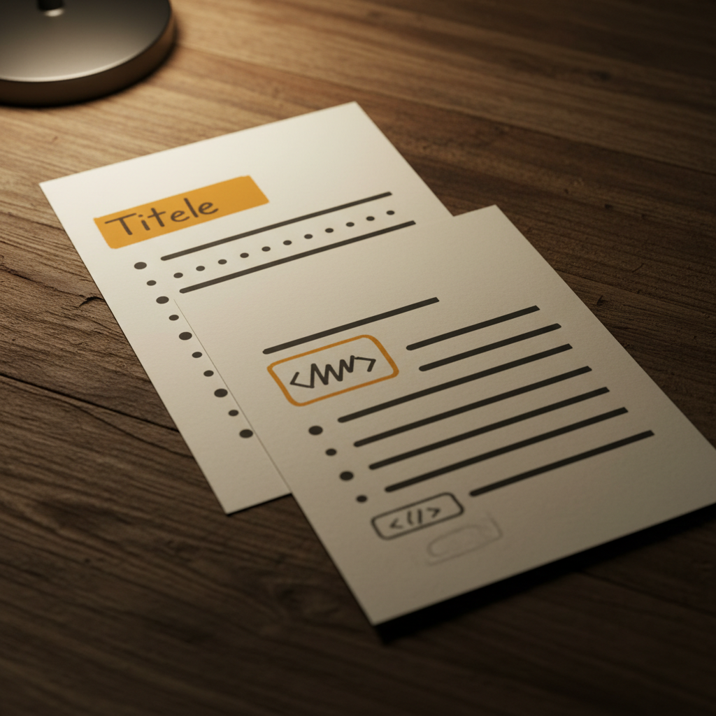 Overhead editorial photo of a wooden desk. Three overlapping cream paper sheets cascade diagonally; each bears hand-drawn geometric marks evoking markdown &mdash; short horizontal bars for headings, dots for list items, small rounded rectangles for code blocks. Warm lamp light from upper-left, soft shadows. Palette: deep charcoal, warm cream, one bold amber accent on the topmost sheet. Shallow depth of field, minimalist composition, high contrast.