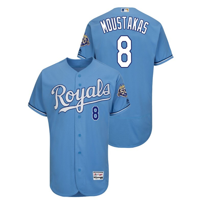 Men’S Kansas City Royals Gray Road Flex Base #8 Mike Moustakas 50Th Anniversary Jersey – All Stitched, Embroidery