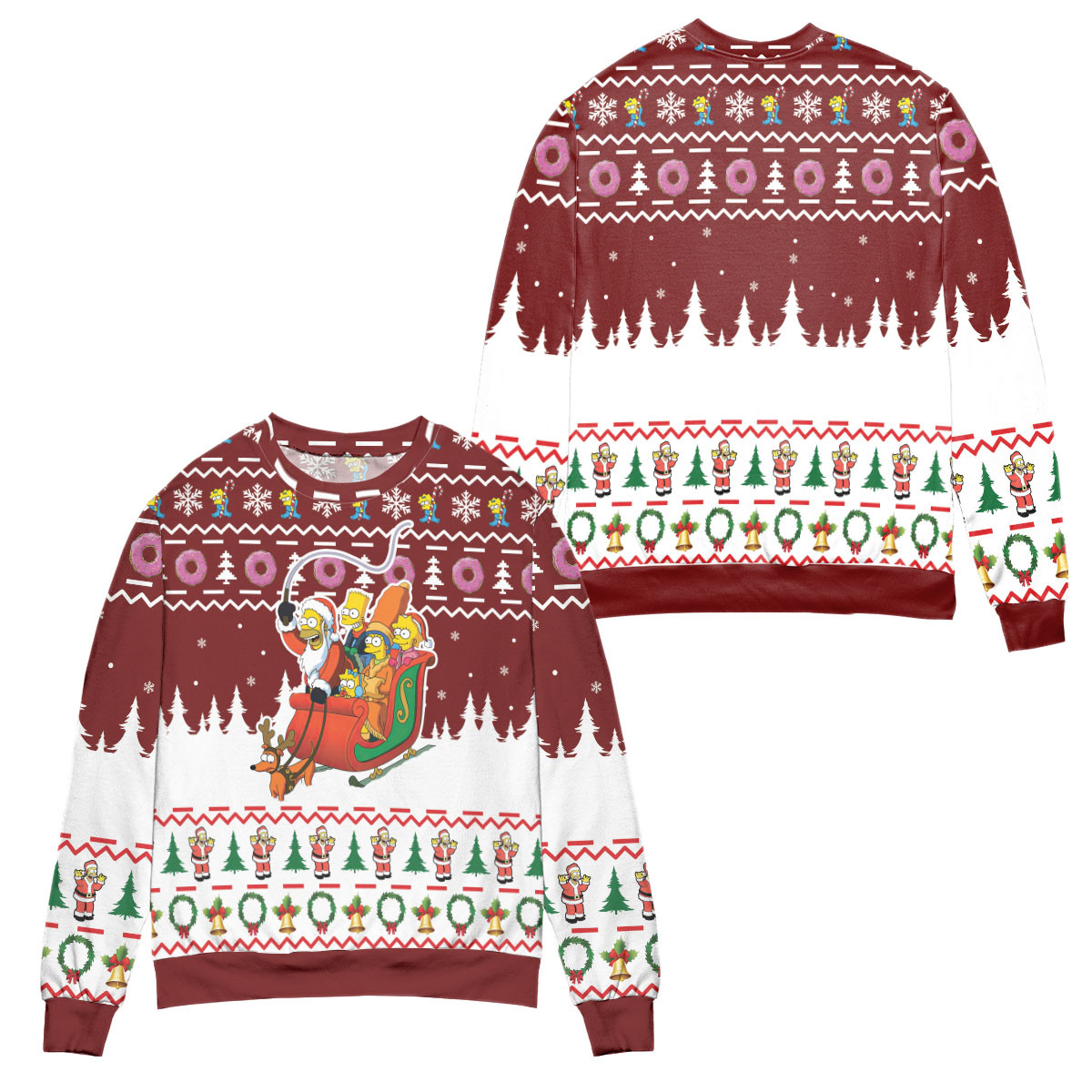 Santa Claus The Simpsons Version Snowflake & Pine Tree Pattern Ugly Christmas Sweater – All Over Print 3D Sweater – Red