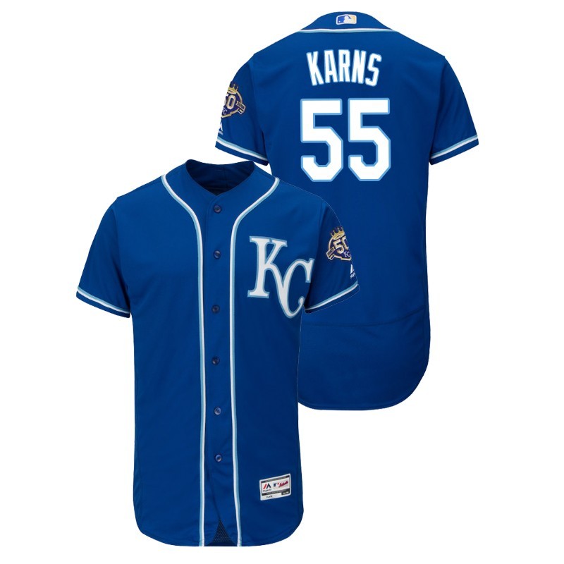 Men’S Kansas City Royals Blue Alternate Flex Base #55 Nate Karns 50Th Anniversary Jersey – All Stitched, Embroidery