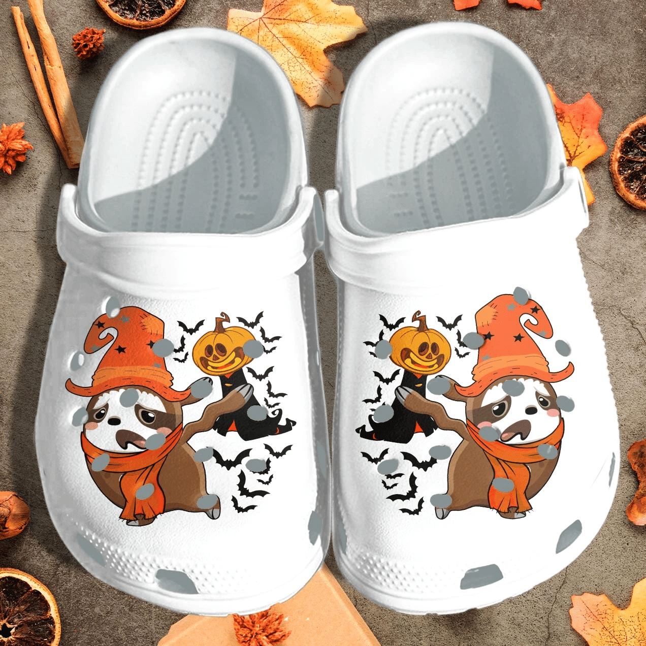 A Sloth Is Afraid Of Pumpkin Ghost Shoes Clog – Funny Halloween Pumpkin Crocs Crocband Clog Birthday Gift For Man Women