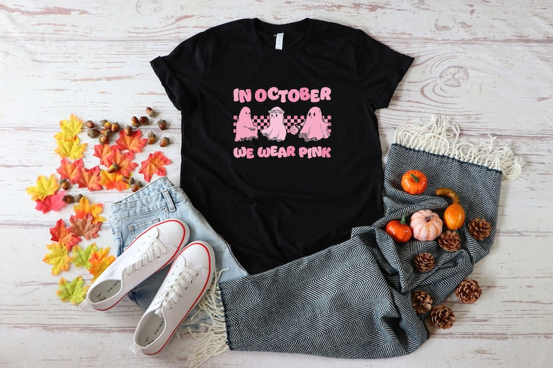 In October We Wear Pink Shirt, Breast Cancer Awareness Shirt, Halloween Breast Cancer Shirt, Halloween Pink Ghost Shirt, Breast Cancer Tee