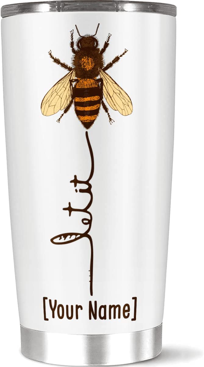 Personalized Coffee Tumbler For Bee Lover, Gift Women Men Kid Friend Family On Birthday, Customized Stainless Steel Cup, 20 30 Oz Insulated Tumbler, Custom Name Travel Drink White