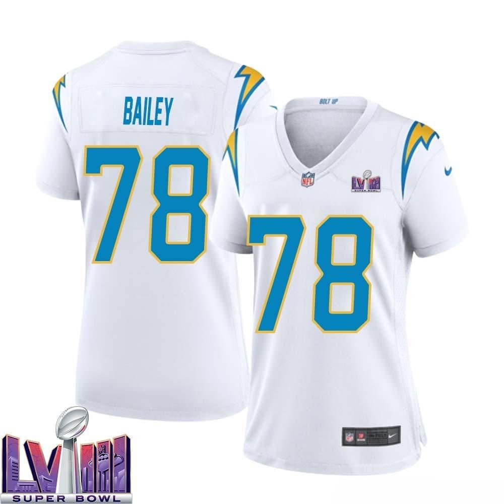 Zack Bailey 78 Los Angeles Chargers Super Bowl Lviii Women Away Game Jersey – White