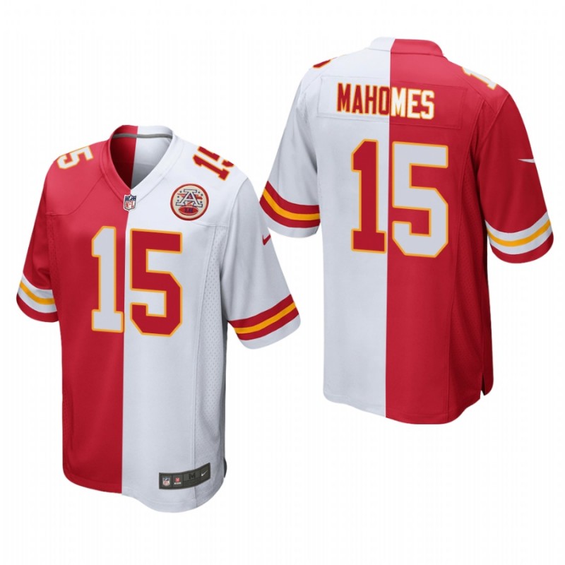 Men’S Patrick Mahomes Kansas City Chiefs Red White Split Two Tone Game Jersey – All Stitched, Embroidery