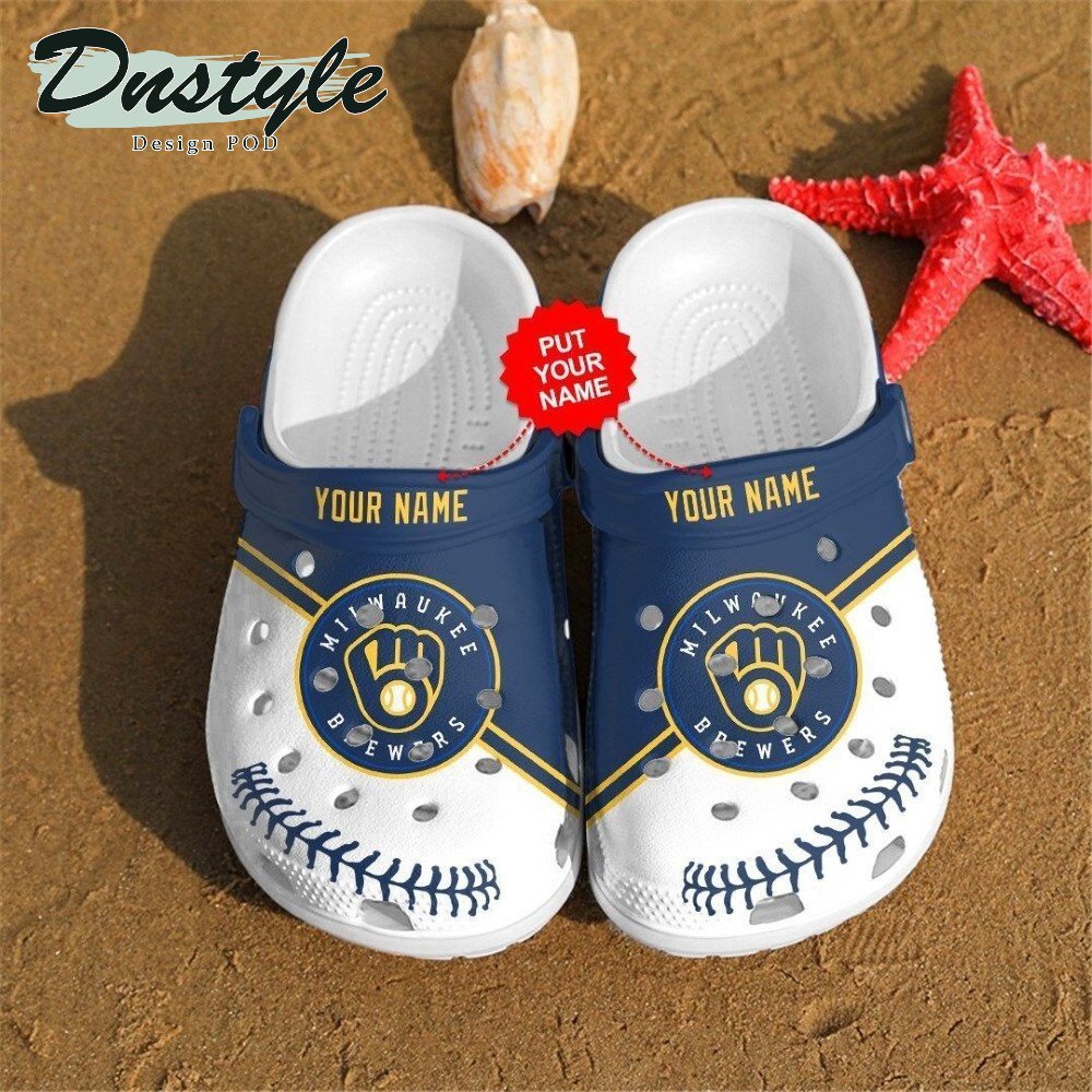 Milwaukee Brewers Custom Name Pattern Crocs Classic Clogs Shoes In Blue & White