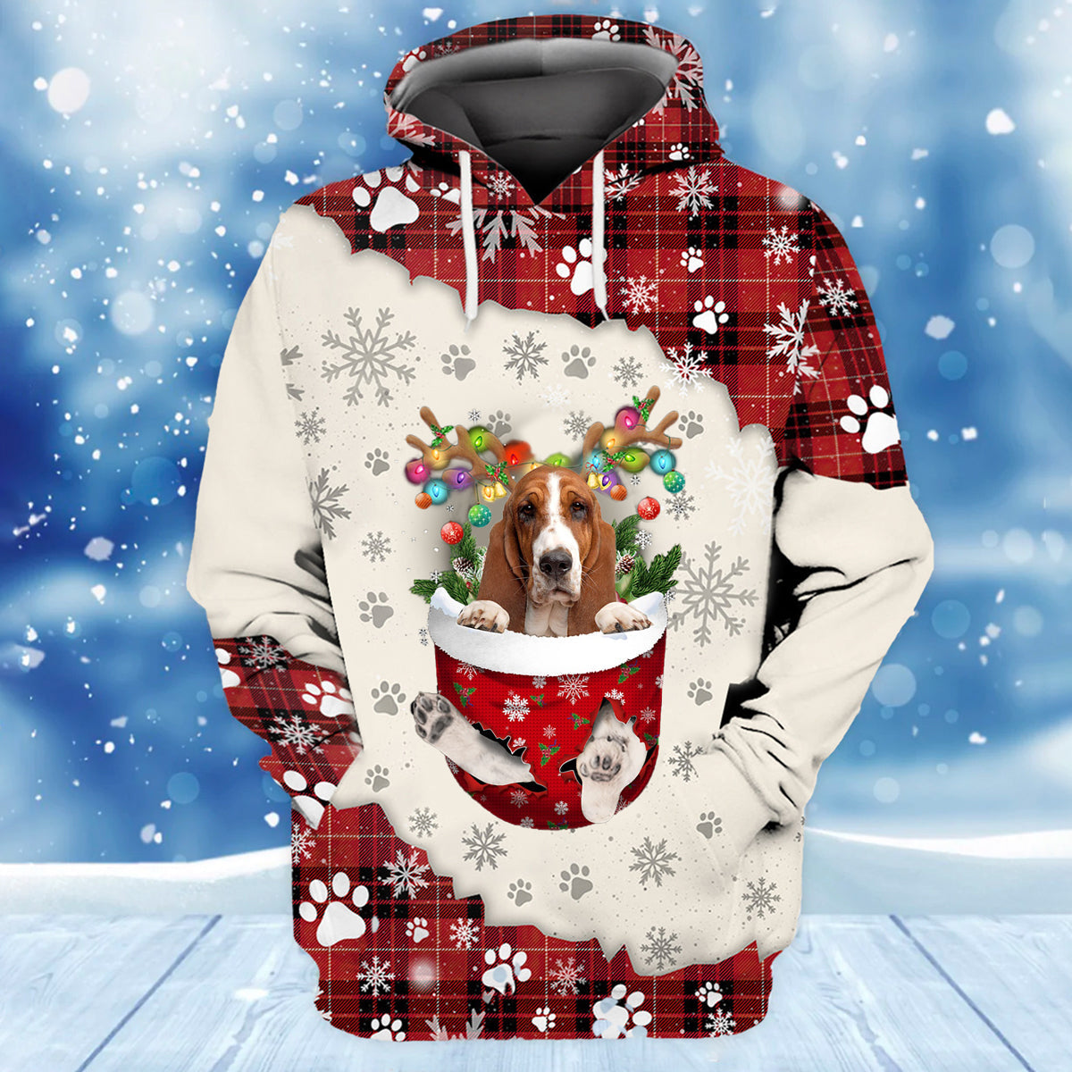 Basset Hound In Snow Pocket Merry Christmas Unisex Hoodie