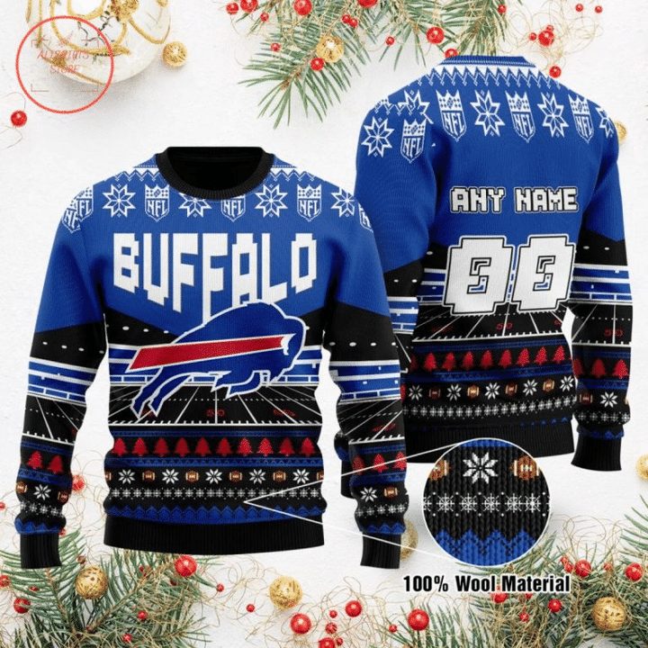 Buffalo Bills Custom Name Number Blue Black Red Gift For Fan Ugly Wool Sweater Christmas