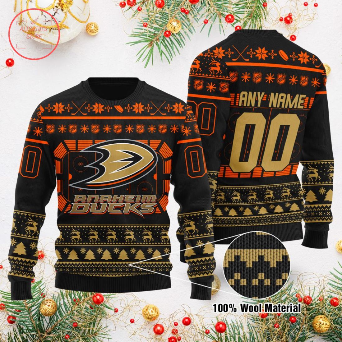 Anaheim Ducks Custom Name Number Black Orange Gift For Fan Ugly Wool Sweater Christmas