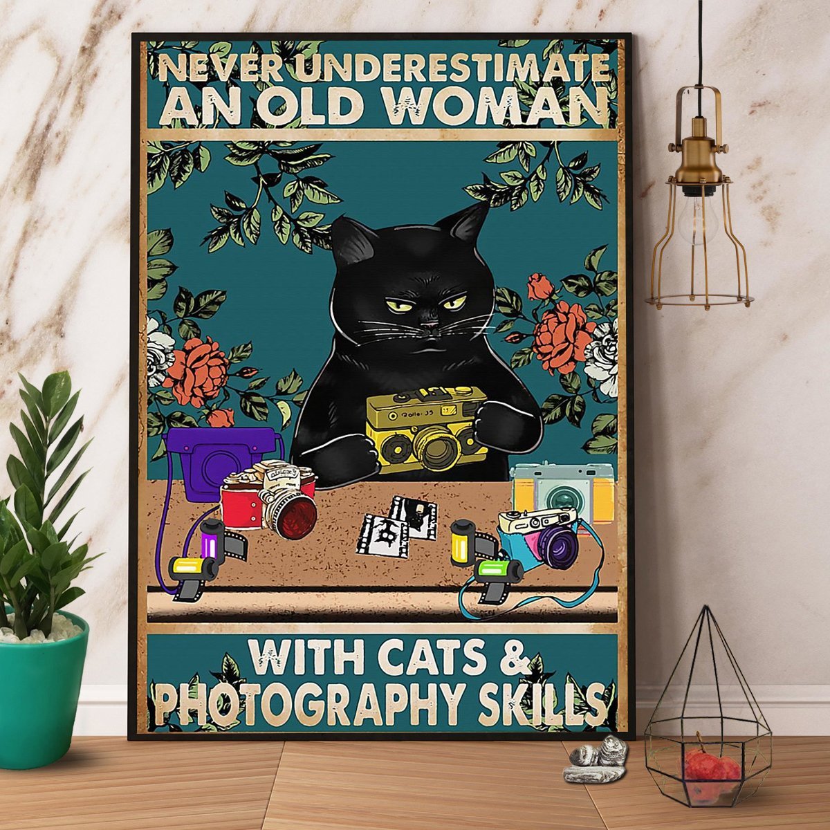 Black Cat Old Woman With Photography Skills Photographer Floral Vintage  Poster No Frame