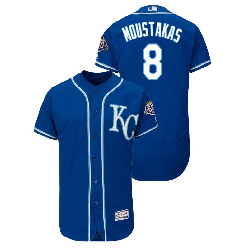 Men’S Kansas City Royals Blue Alternate Flex Base #8 Mike Moustakas 50Th Anniversary Jersey – All Stitched, Embroidery