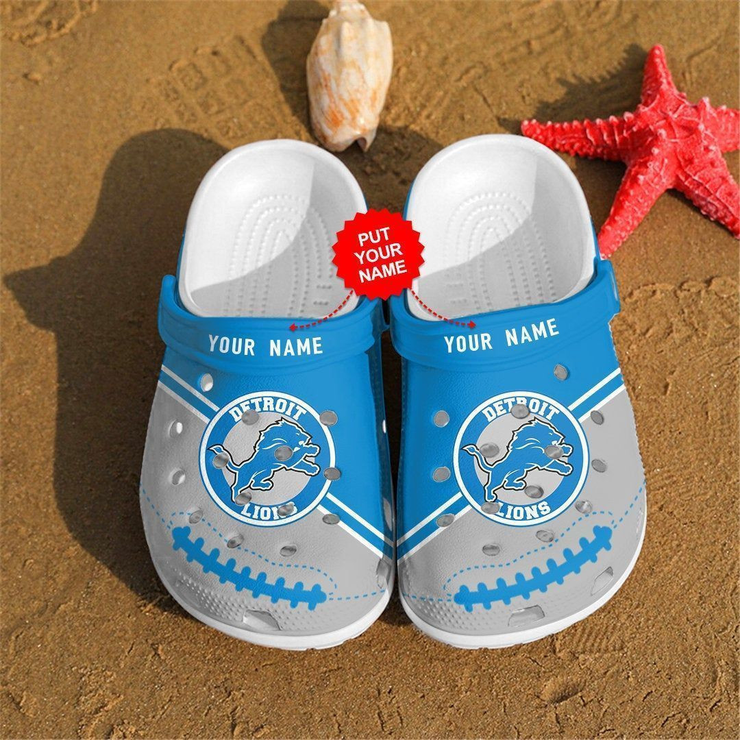 Detroit Lions Custom Name Pattern Crocs Classic Clogs Shoes In Grey & Blue