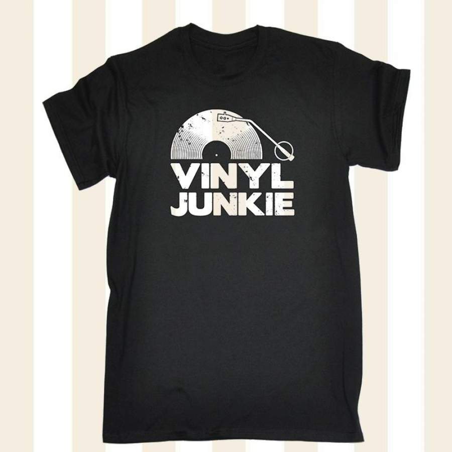 Vinyl Junkie Logo TSHIRT Music Vintage Dj Funny Men’s Tops