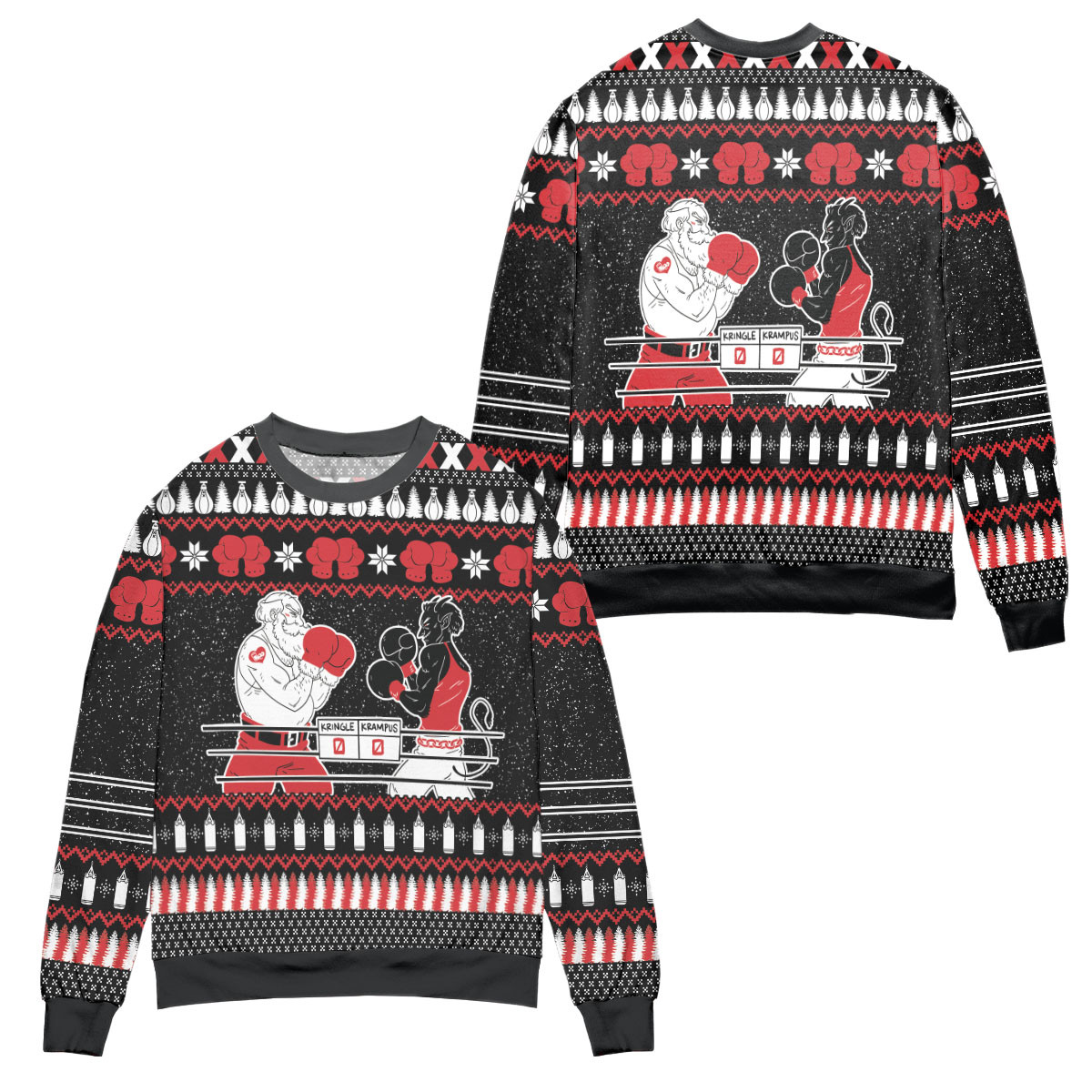 Krampus Vs. Kringle Pine Tree & Snowflake Pattern Ugly Christmas Sweater – All Over Print 3D Sweater – Black