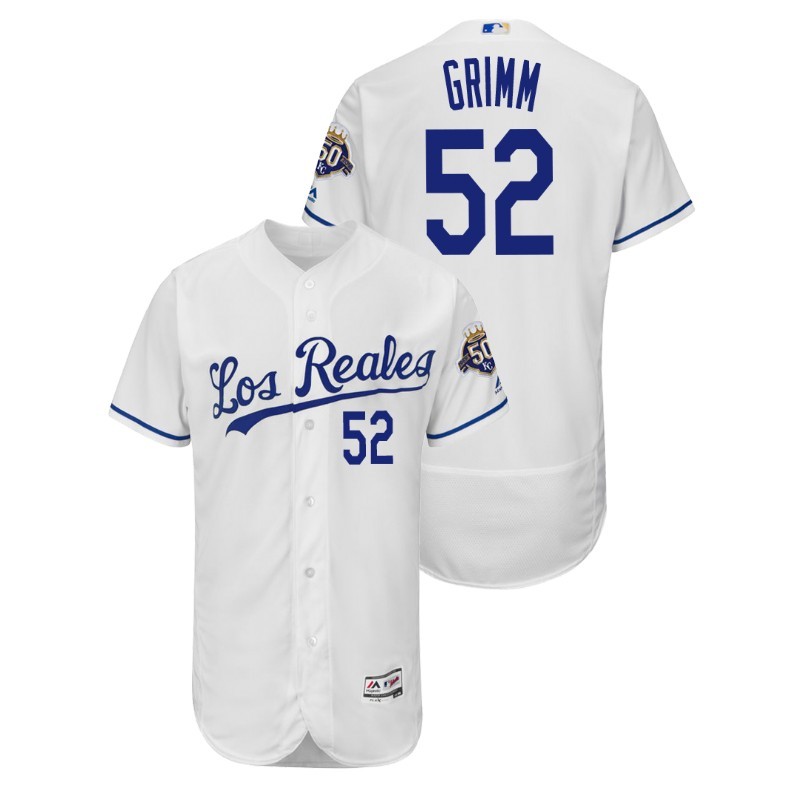 Men’S Kansas City Royals White Home Flex Base #52 Justin Grimm 50Th Anniversary Jersey – All Stitched, Embroidery