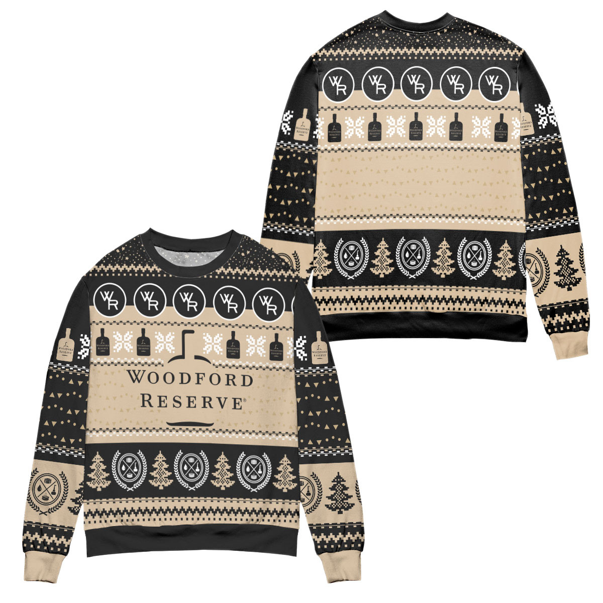 Woodford Reserve Bourbon Snowflake & Pine Tree Pattern Ugly Christmas Sweater 2023 – All Over Print 3D Sweater – Black
