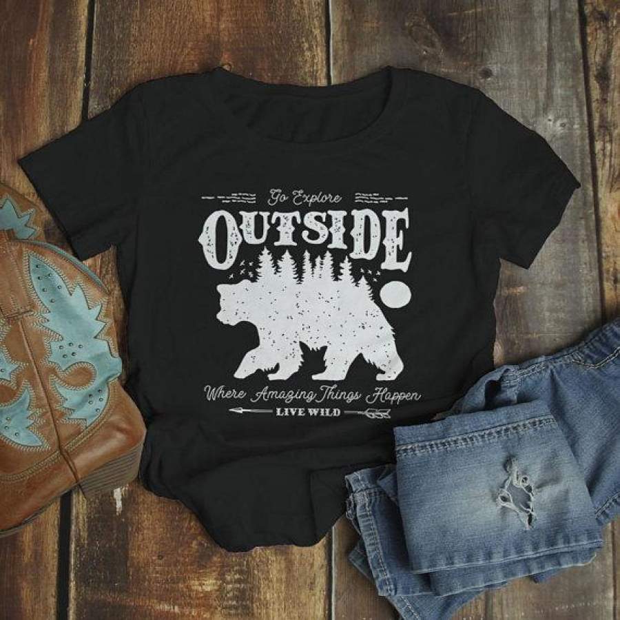 Women’s Hipster Bear T Shirt Go Explore TShirt Camping Shirts Vintage Live Wild Graphic Tee