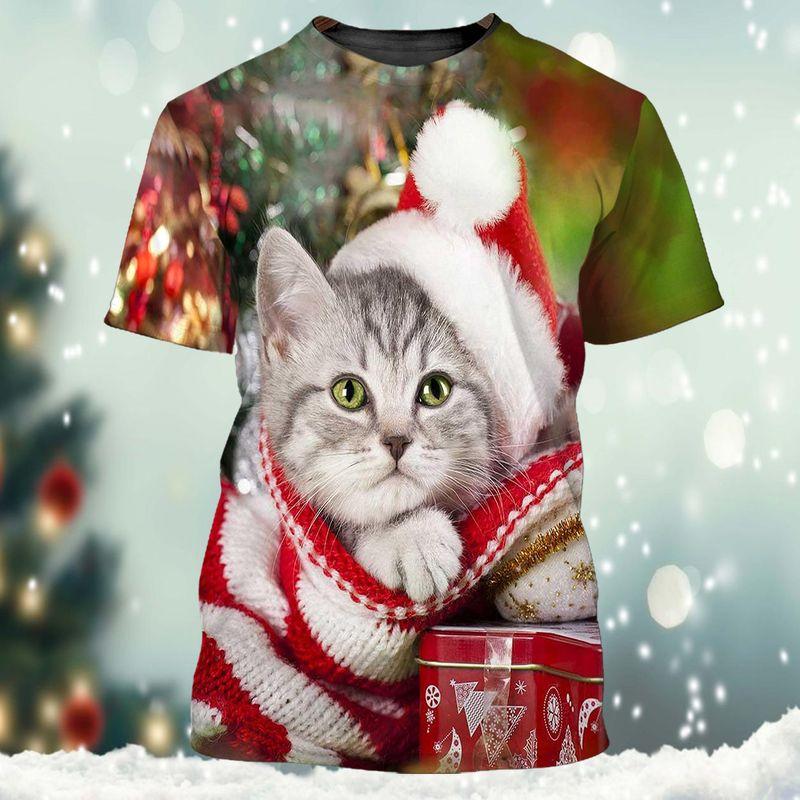 Cute Cat In Red Christmas Sweater Are Xmas Gifts For Cat Lovers 3D Tshirt